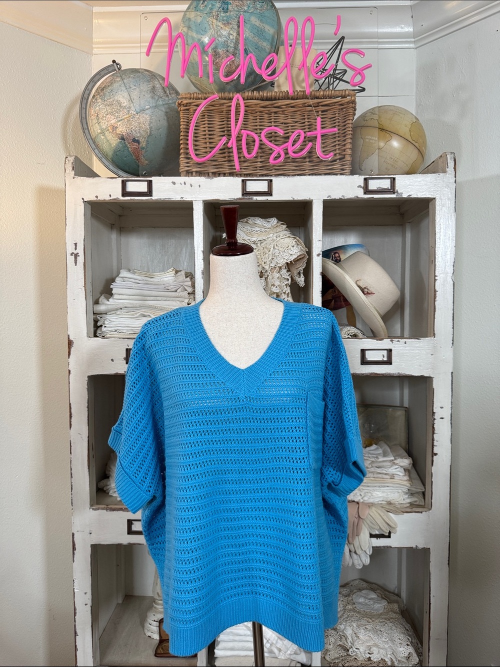 Wishlist Bright Blue Open-Knit V-Neck Sweater